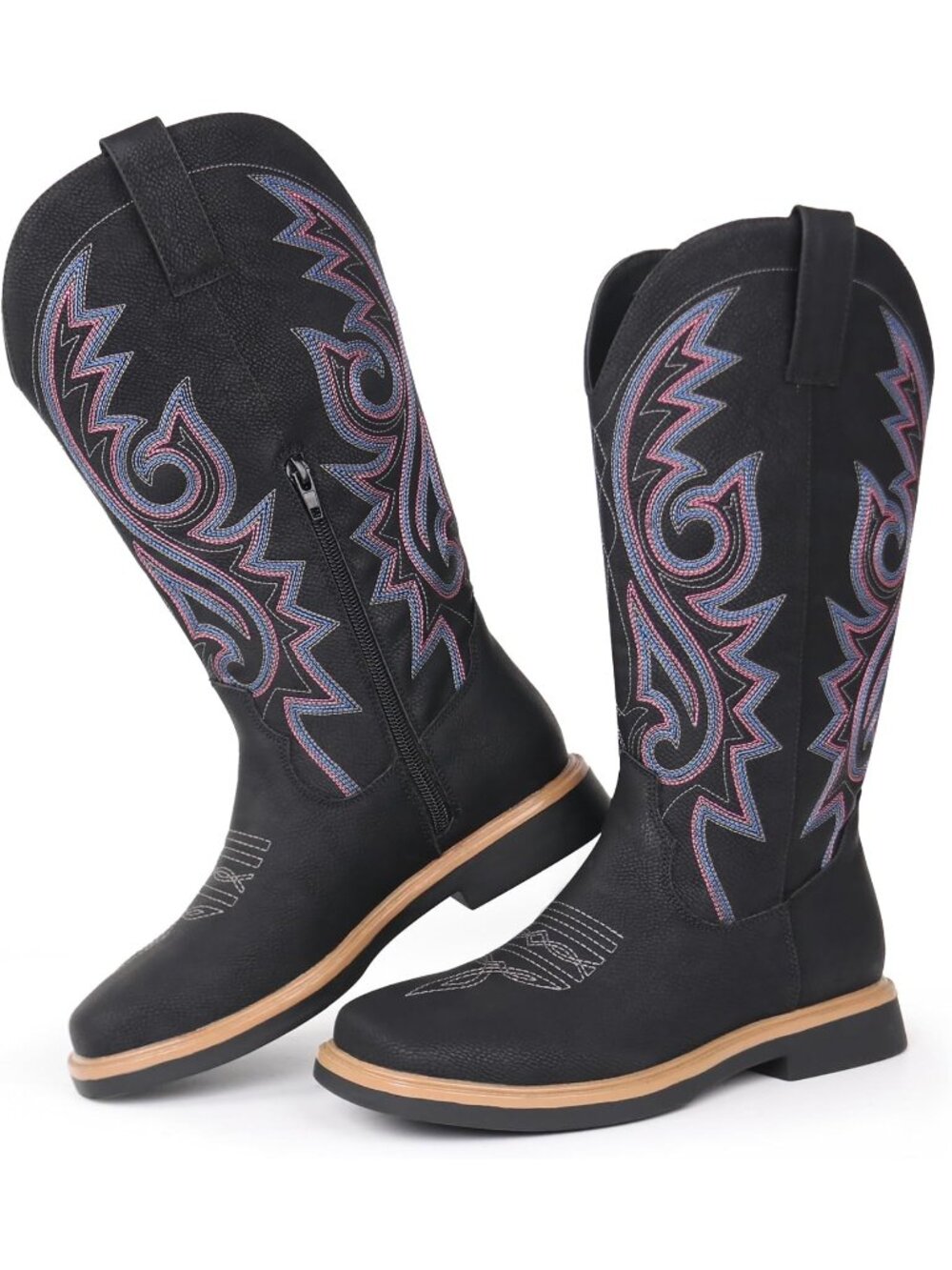 〽️Women's Mid-Calf Cowgirl Boot Back Floral Leather Side Zipper Chunky Heel
